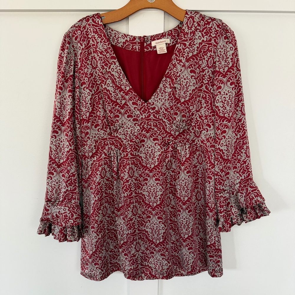 Sundance Women's Blouse Silk Red Damask Print V-Neck Ruffle Cuff Boho Babydoll L
